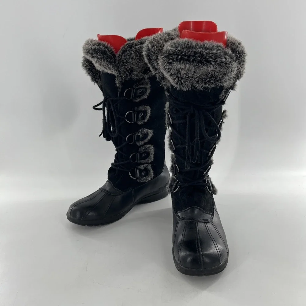 Vintage Nine West Knee High Womens 10 M Black Tall Mucker Duck Leather Suede Fur